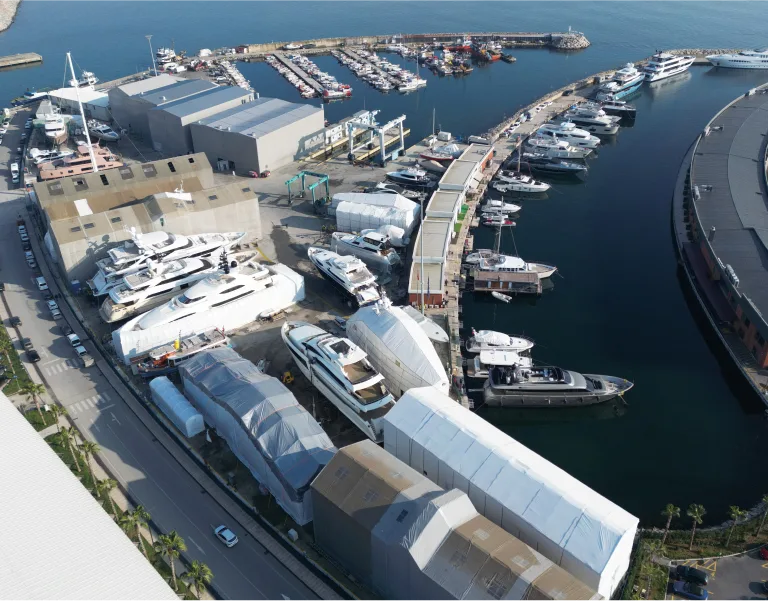 Aerial view of KRM Yacht shipyard and marina – superyacht refit and rebuild facility
