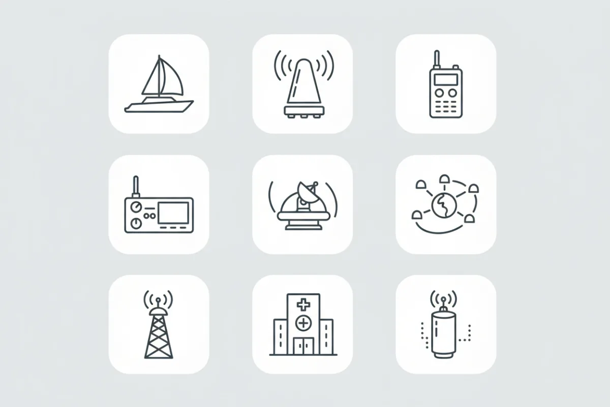 3×3 ICON GRID ILLUSTRATING YACHT, EPIRB, RADIOS, SATELLITE SERVICES, COAST STATION, RCC, AND AIS-SART.