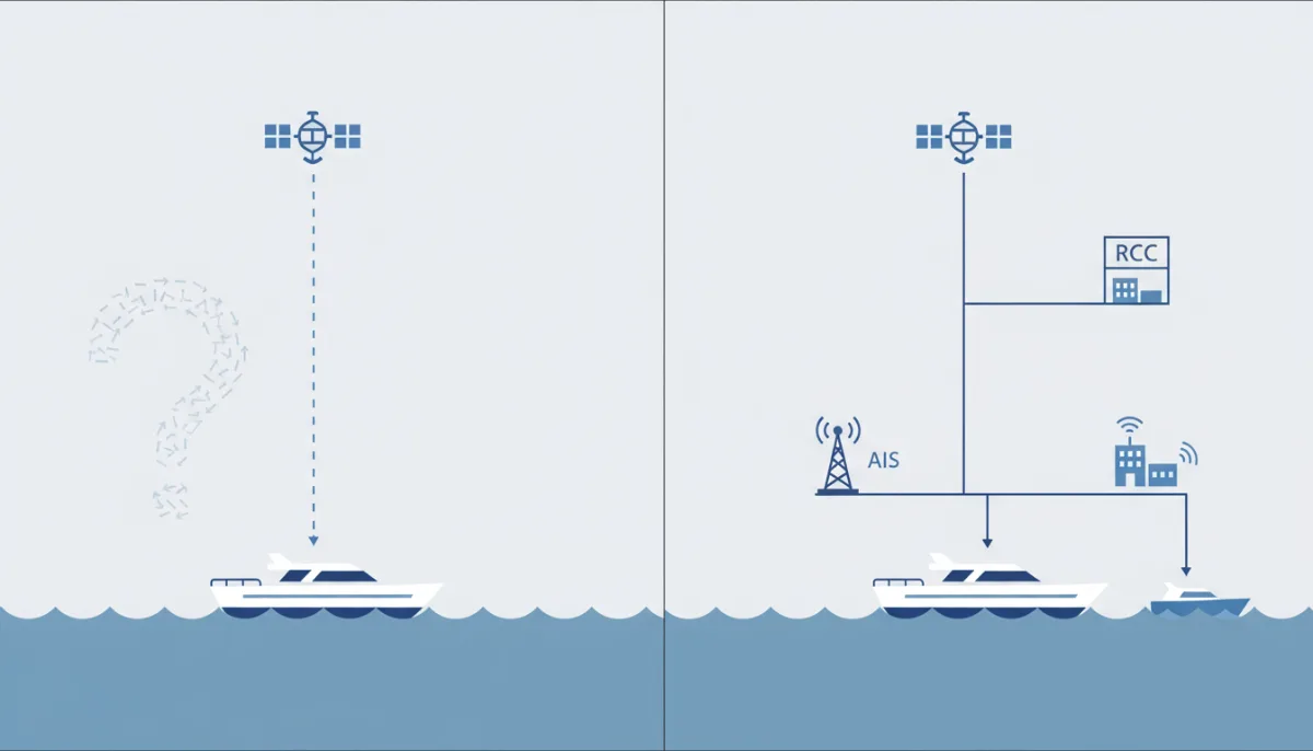 COMPARATIVE PANELS SHOWING SINGLE-PATH ALERTING VERSUS GMDSS-STYLE REDUNDANT ALERTING WITH RCC AND NEARBY SHIP ASSISTANCE.