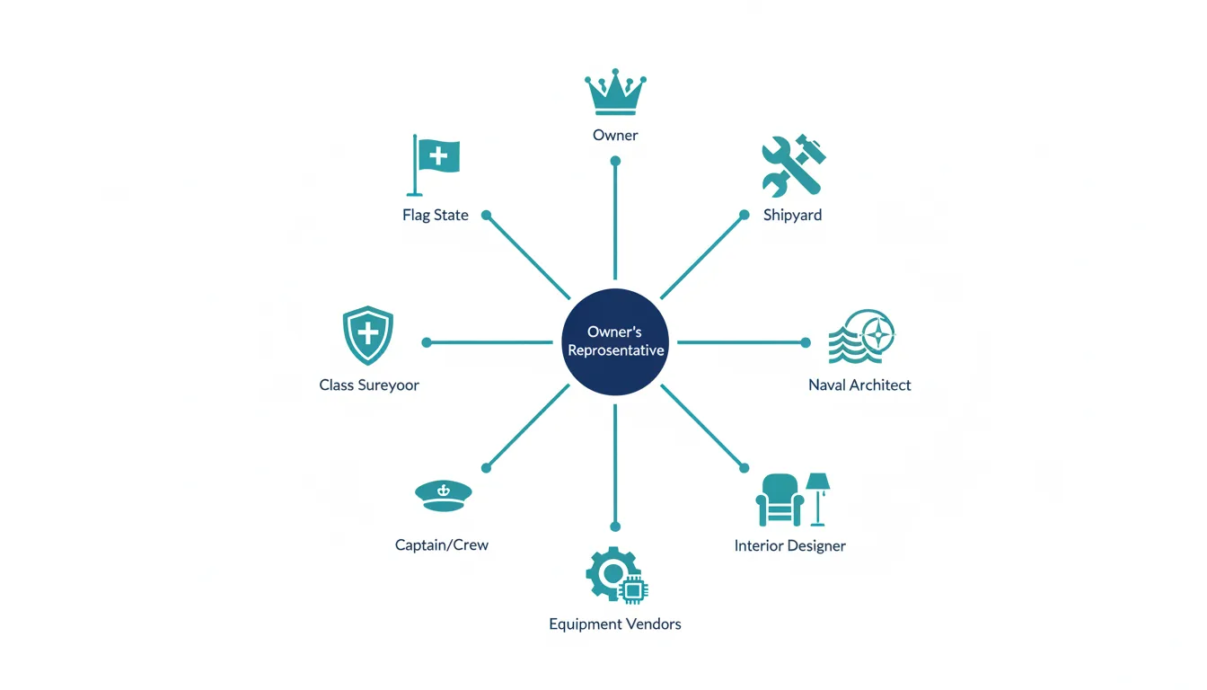DIAGRAM SHOWING THE OWNER’S REPRESENTATIVE COORDINATING BETWEEN THE OWNER, SHIPYARD, CREW, DESIGNERS, VENDORS, CLASS, AND FLAG