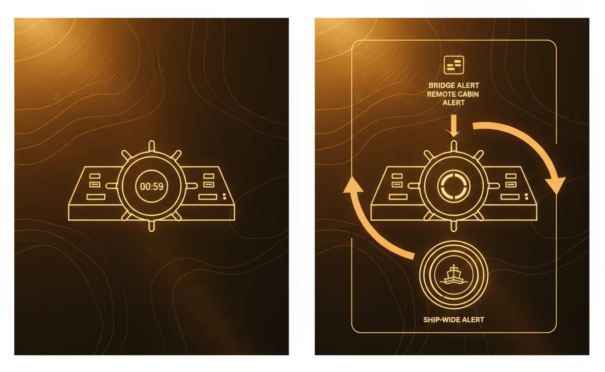 A SIMPLE WATCH TIMER VERSUS BNWAS WITH STAGED BRIDGE AND REMOTE ALARMS.