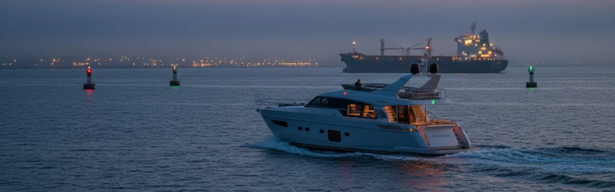 PHOTOREALISTIC VIEW OF AN UNBRANDED YACHT APPROACHING A HARBOR IN PARTIAL FOG WITH A LARGE SHIP ON THE STARBOARD BOW AND CLEAR SPACE FOR A HEADLINE.