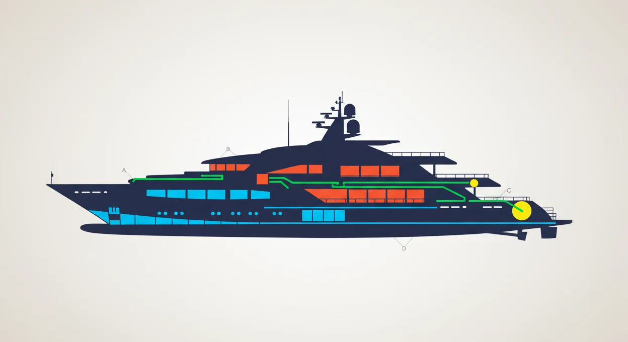 YACHT SILHOUETTE WITH OVERLAYS SHOWING COMPARTMENTS, FIRE ZONES, ESCAPE ROUTES, AND LIFERAFT EMBARKATION POINTS.