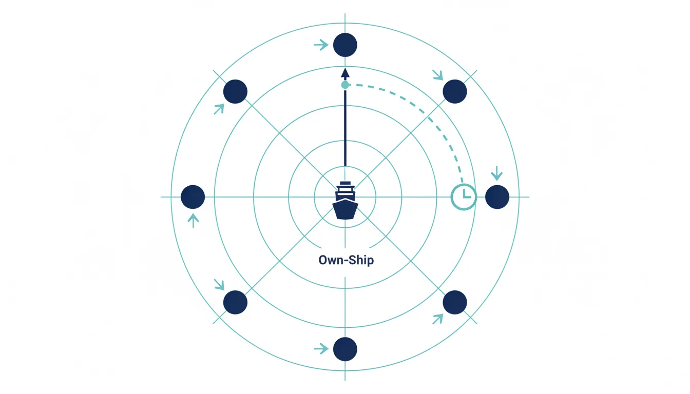 DIAGRAM SHOWING OWN SHIP, TARGETS, VECTORS, AND CLOSEST POINT OF APPROACH CONCEPT
