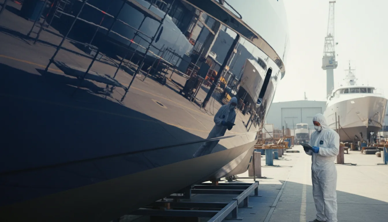INSPECTOR IN PROTECTIVE COVERALLS CHECKS A FRESHLY PAINTED SUPERYACHT HULL FINISH IN A SHIPYARD.