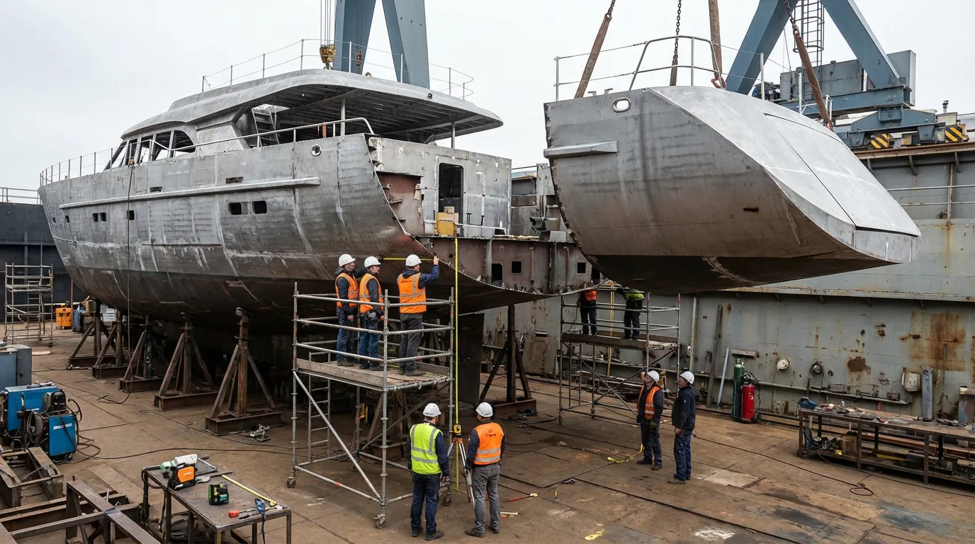 YACHT HULL EXTENSION STERN SECTION ALIGNMENT SHIPYARD
